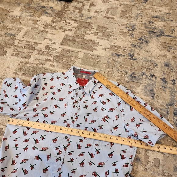 MBX skiing santa short sleeve button down shirt. Blue/Red. - Picture 16 of 16
